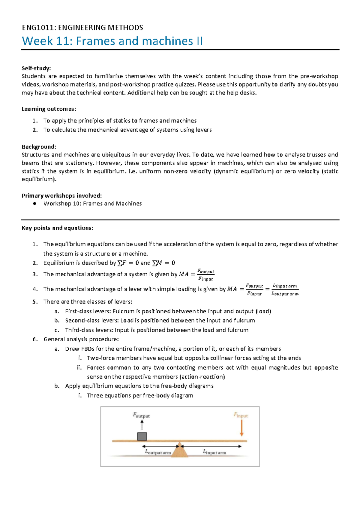 ENG1011: Week 11 Workshop & Practice Questions on Frames and Machines ...