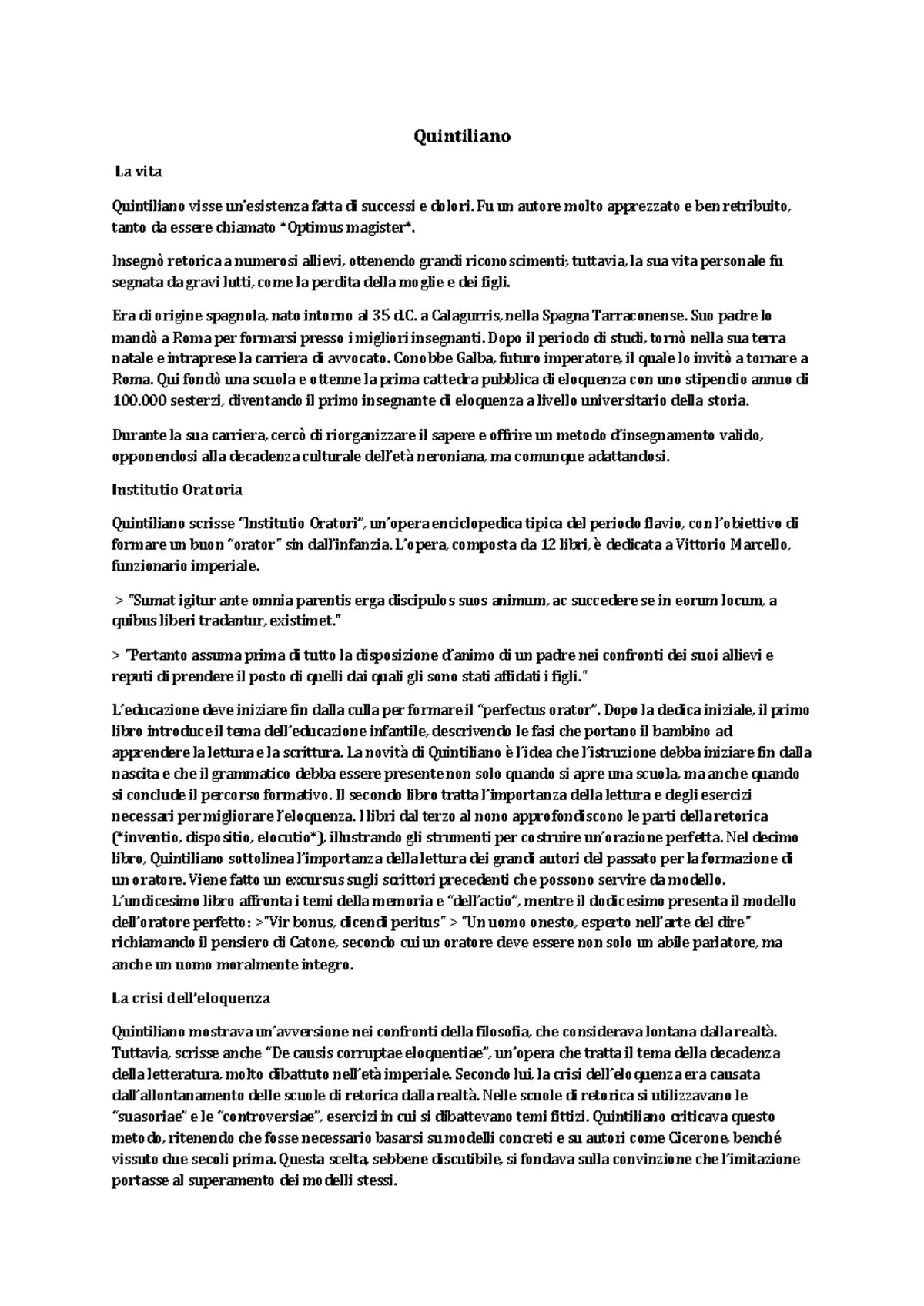 Quintiliano: Successi e Dolori nella Vita di un Grande Retore - Studocu