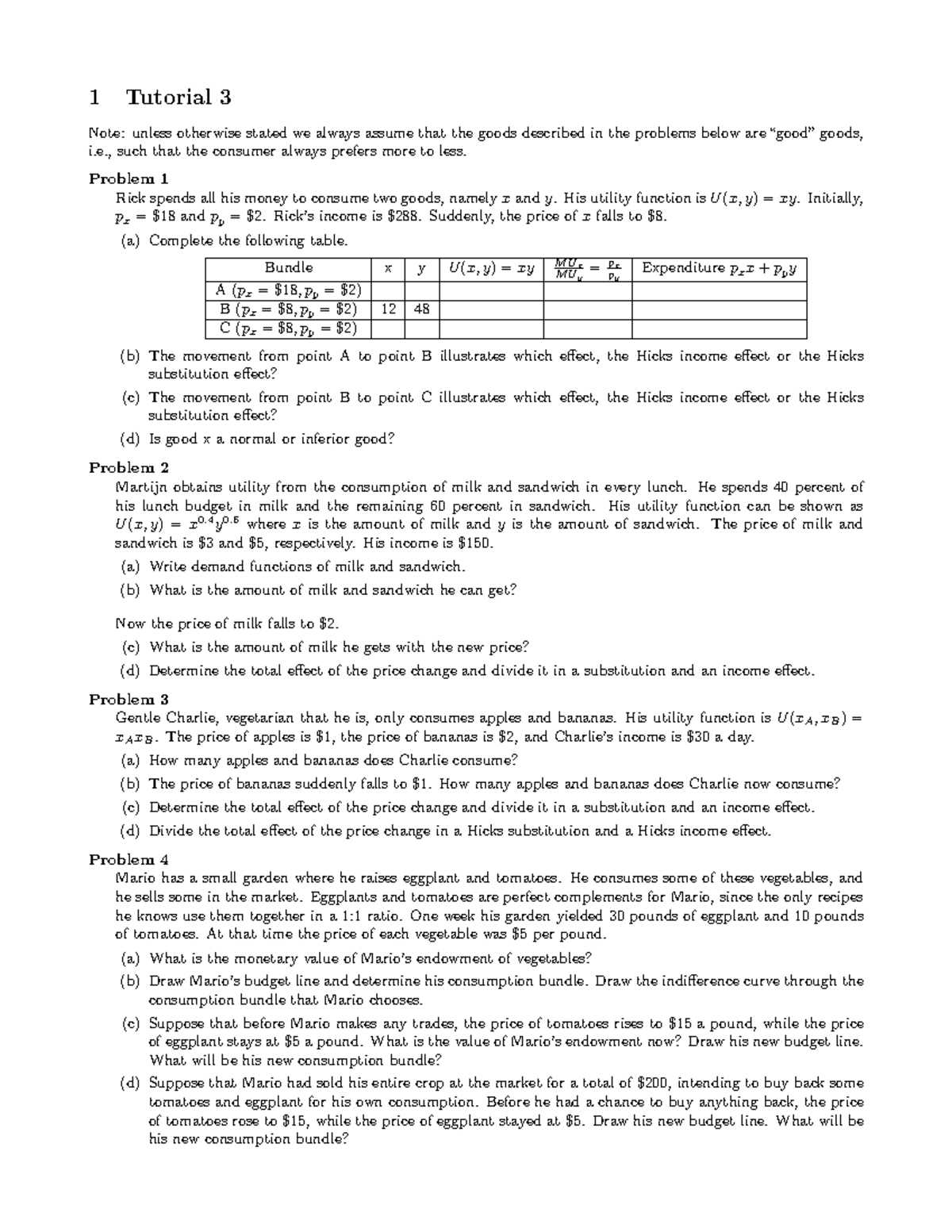 1CK90 Microeconomics Tutorial Exercises: Week 3 Problems and Solutions ...