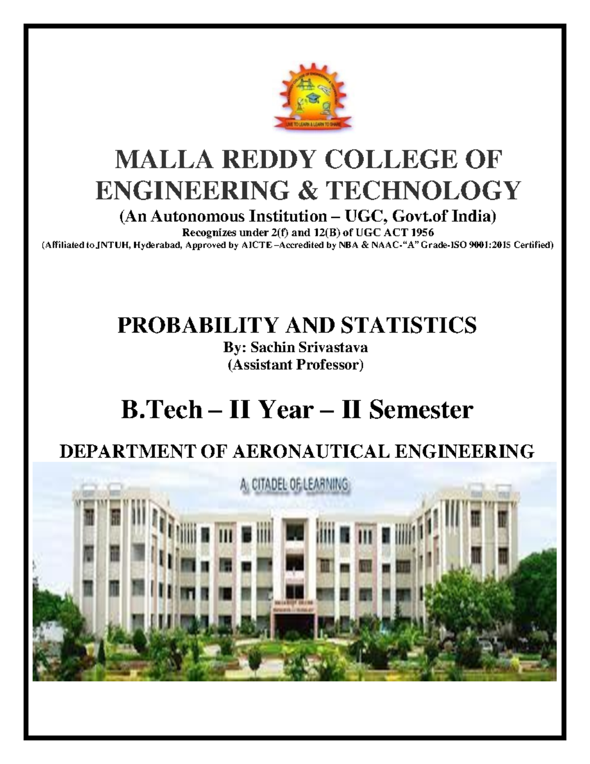 Probability and Statistics: Key Concepts for Engineering (R20A0024 ...