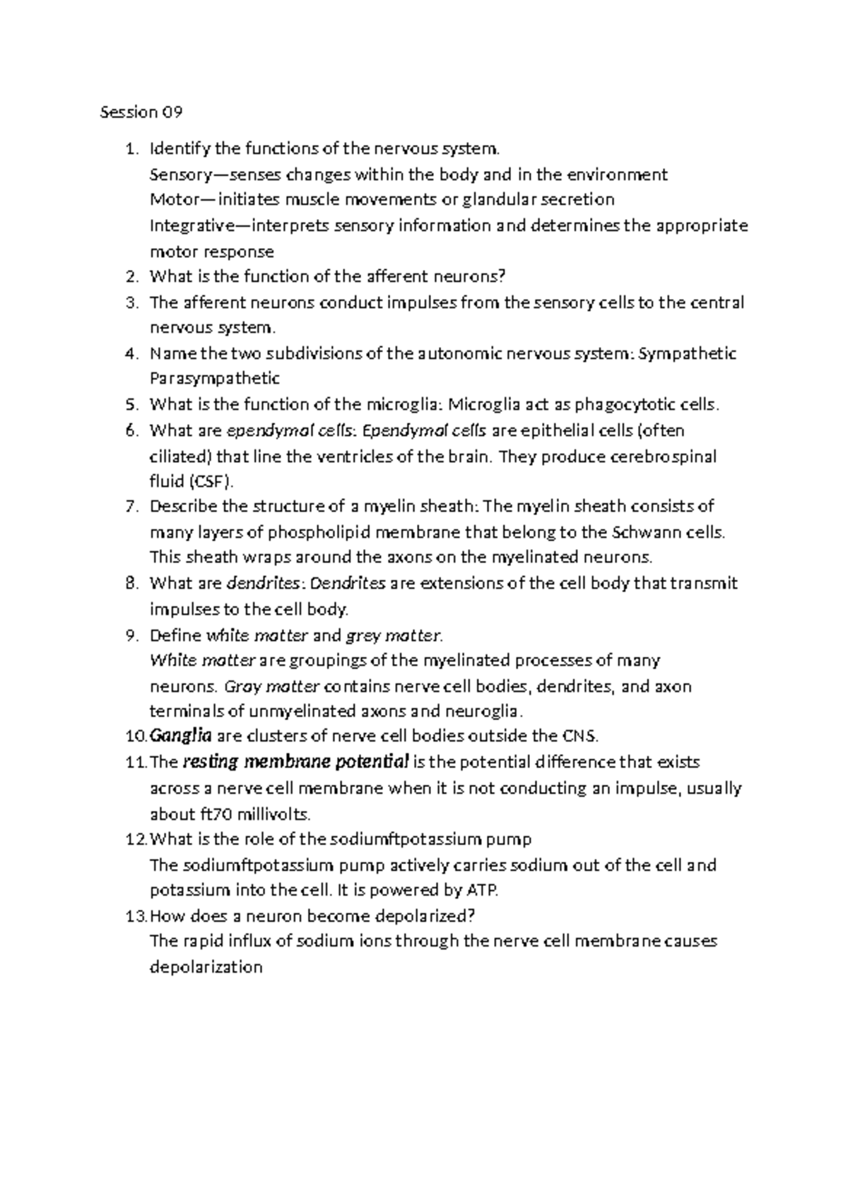FINAL EXAM Study Guide for Nervous System Functions - Session 09 - Studocu