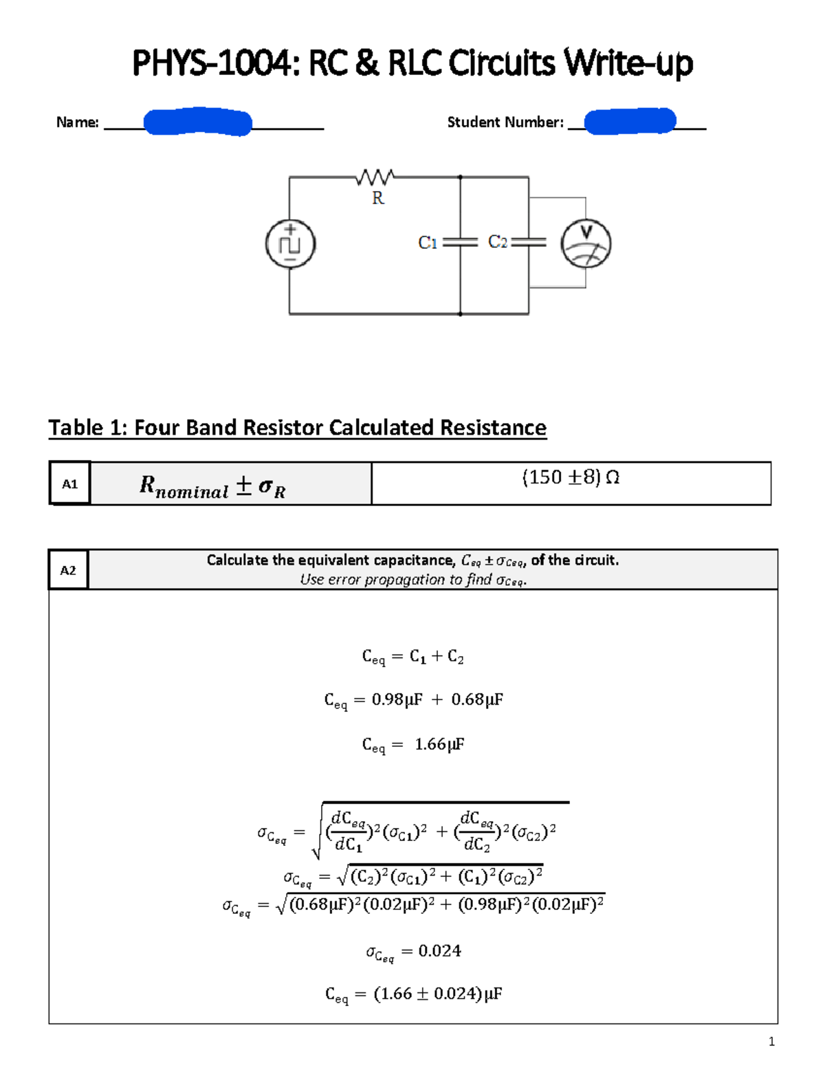 PHYS1004 Lab5 - RC & RLC Circuits Analysis and Results - Studocu