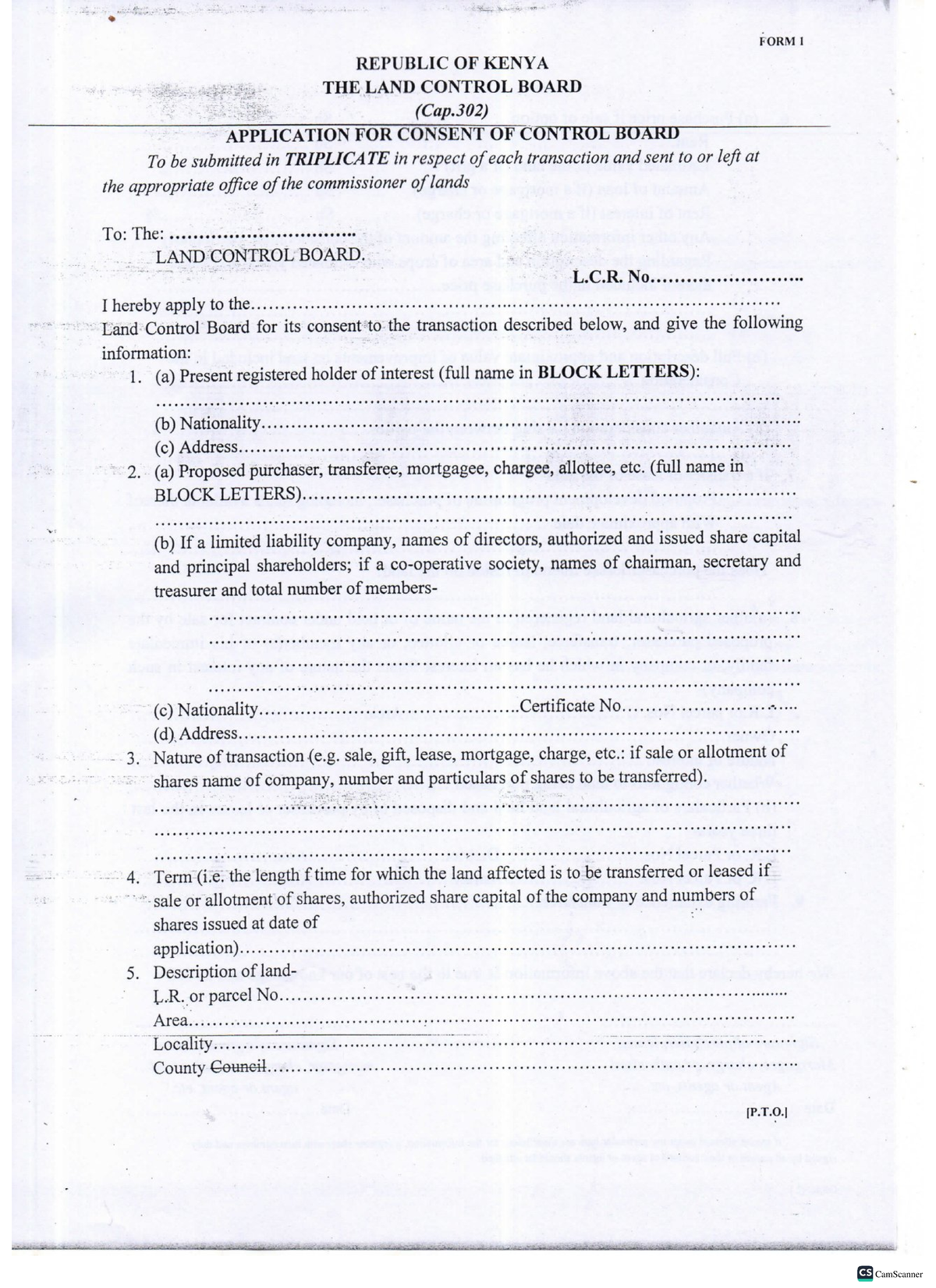 Application for Consent to Land Transaction - Form 1 (Kenya) - Studocu