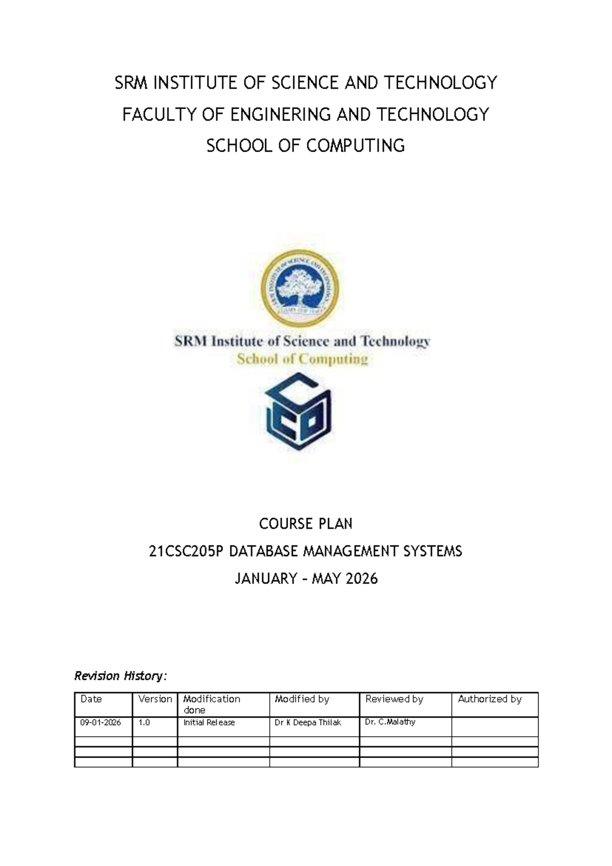 CAP - 21CSC205P Database Management Systems Course Plan (Jan-May 2026 ...