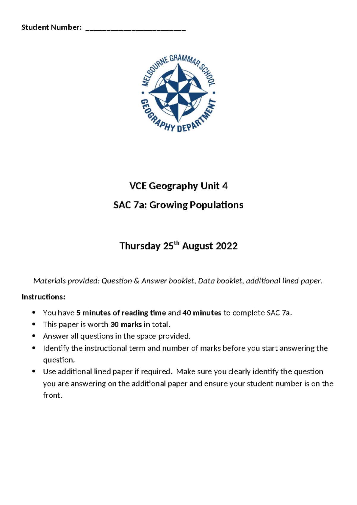 VCE Geography Unit 4 SAC 7a: Growing Populations Practice 2022 - Studocu