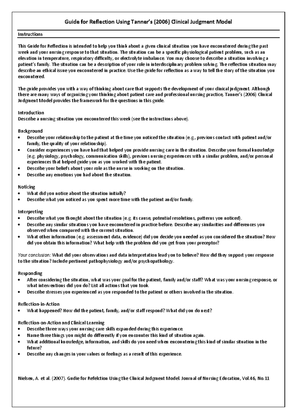 Guide to Reflective Journaling Using Tanner's Clinical Judgment Model ...