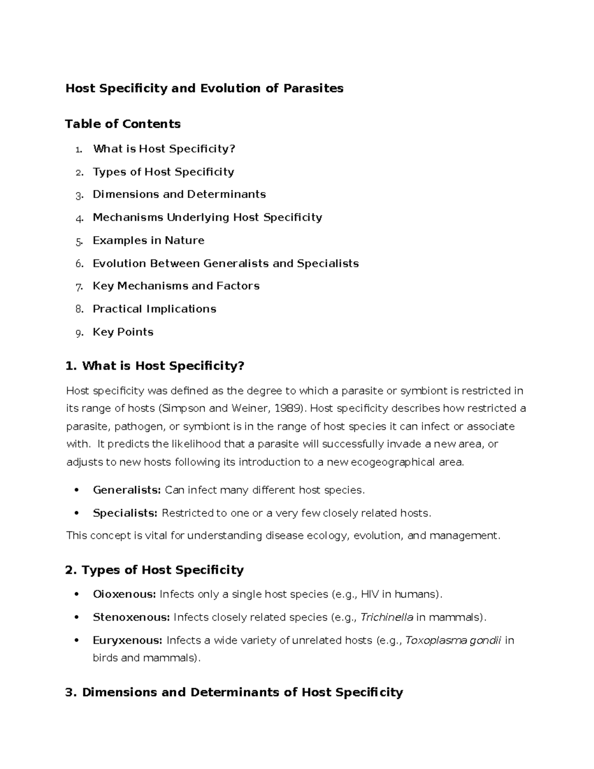 Host Specificity and Evolution of Parasites: Key Insights and ...