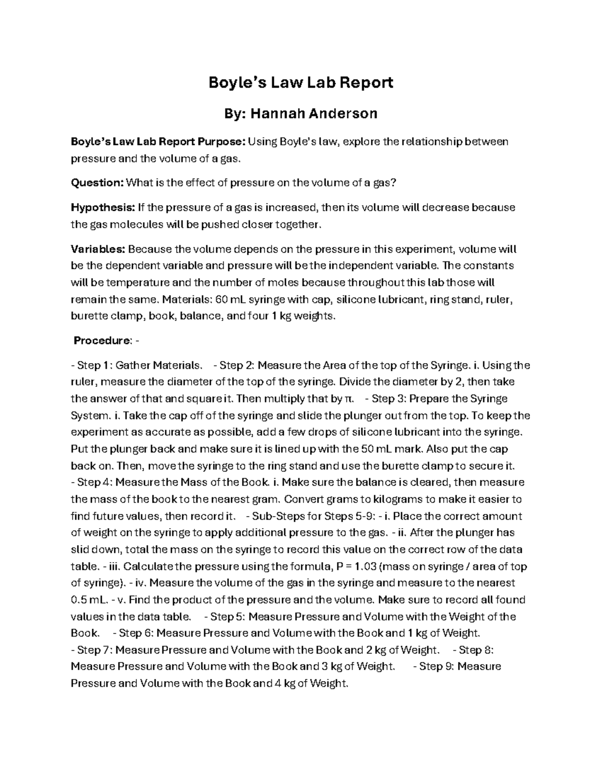 Boyle's Law Lab Report: Exploring Pressure-Volume Relationship - Studocu