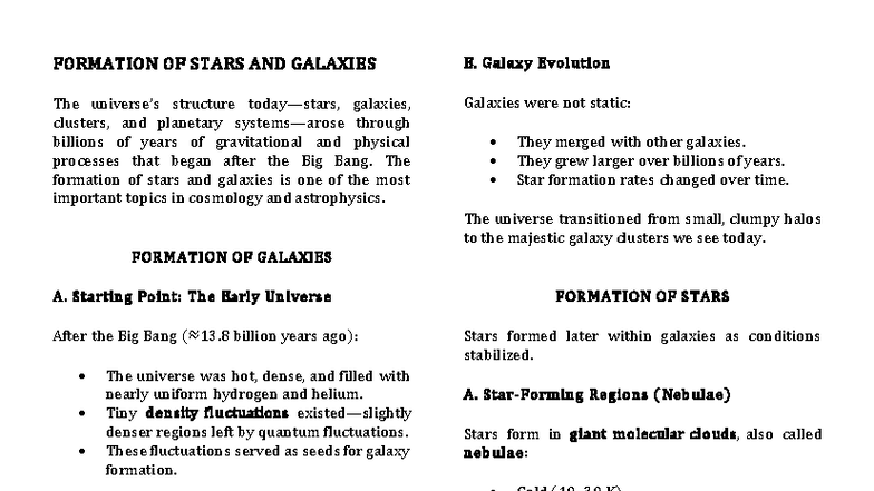 Formation of Stars and Galaxies: A Study on Evolving Structures - Studocu