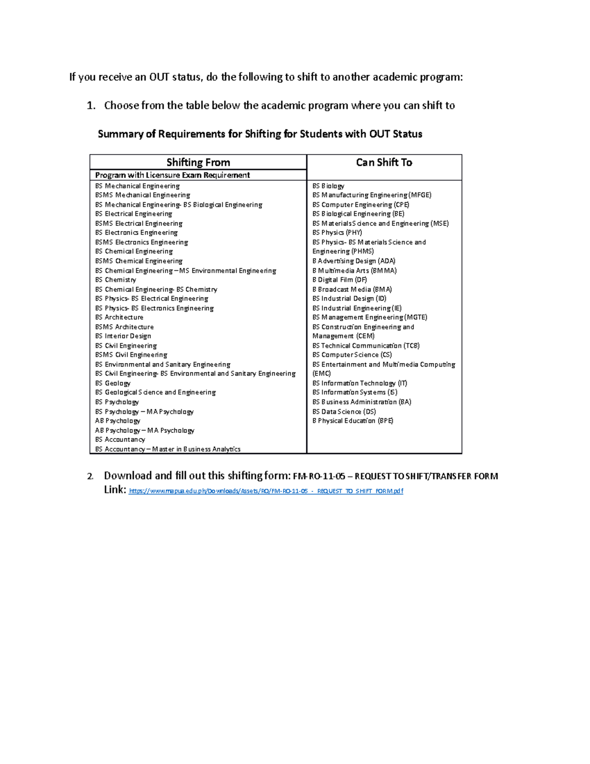 Guidelines for Shifting Programs with Licensure Exam (Procedure) - Studocu