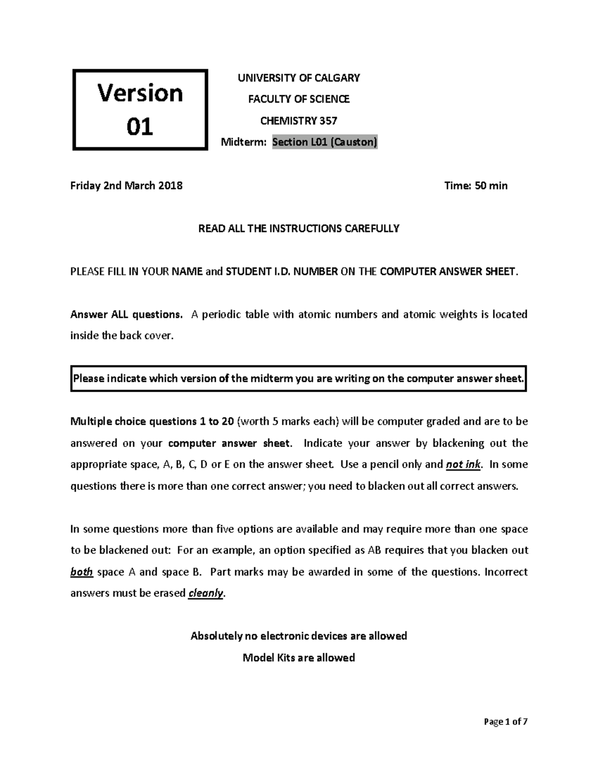 Chem 357 Winter 2018 Midterm Exam 01 Guide and Instructions - Studocu