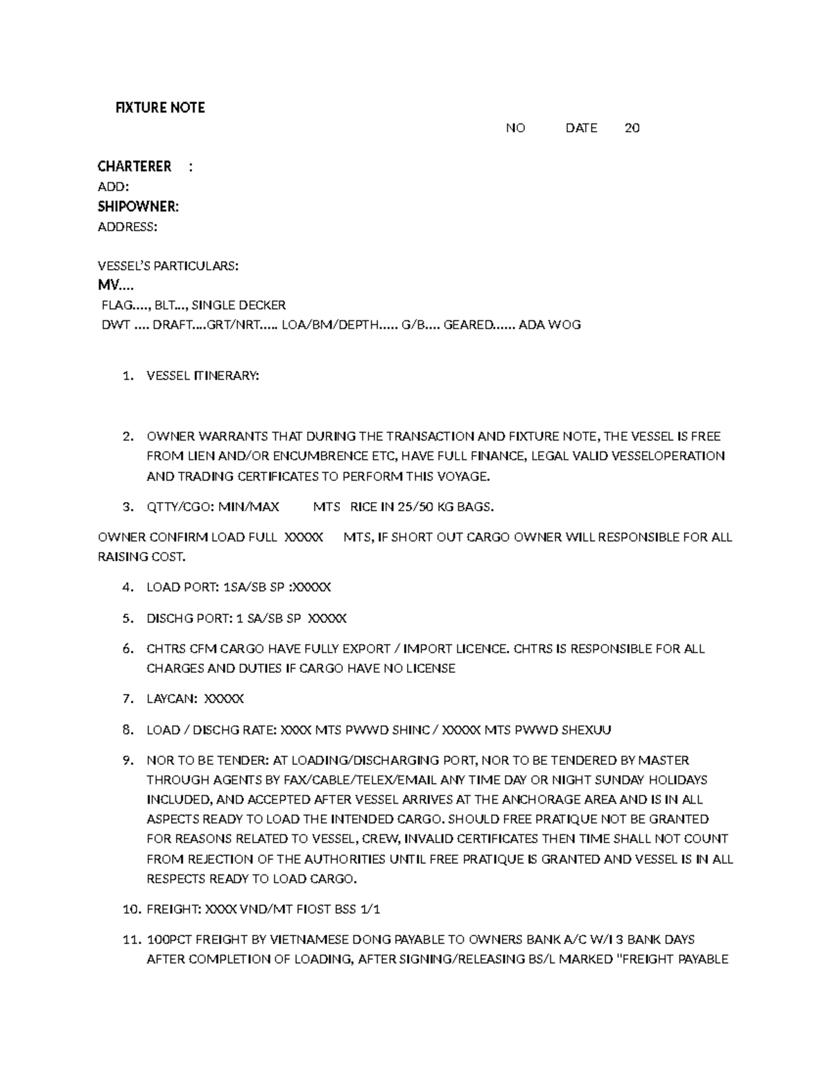 Fixture Note for MV [Vessel Name] - Charter Agreement Details - Studocu