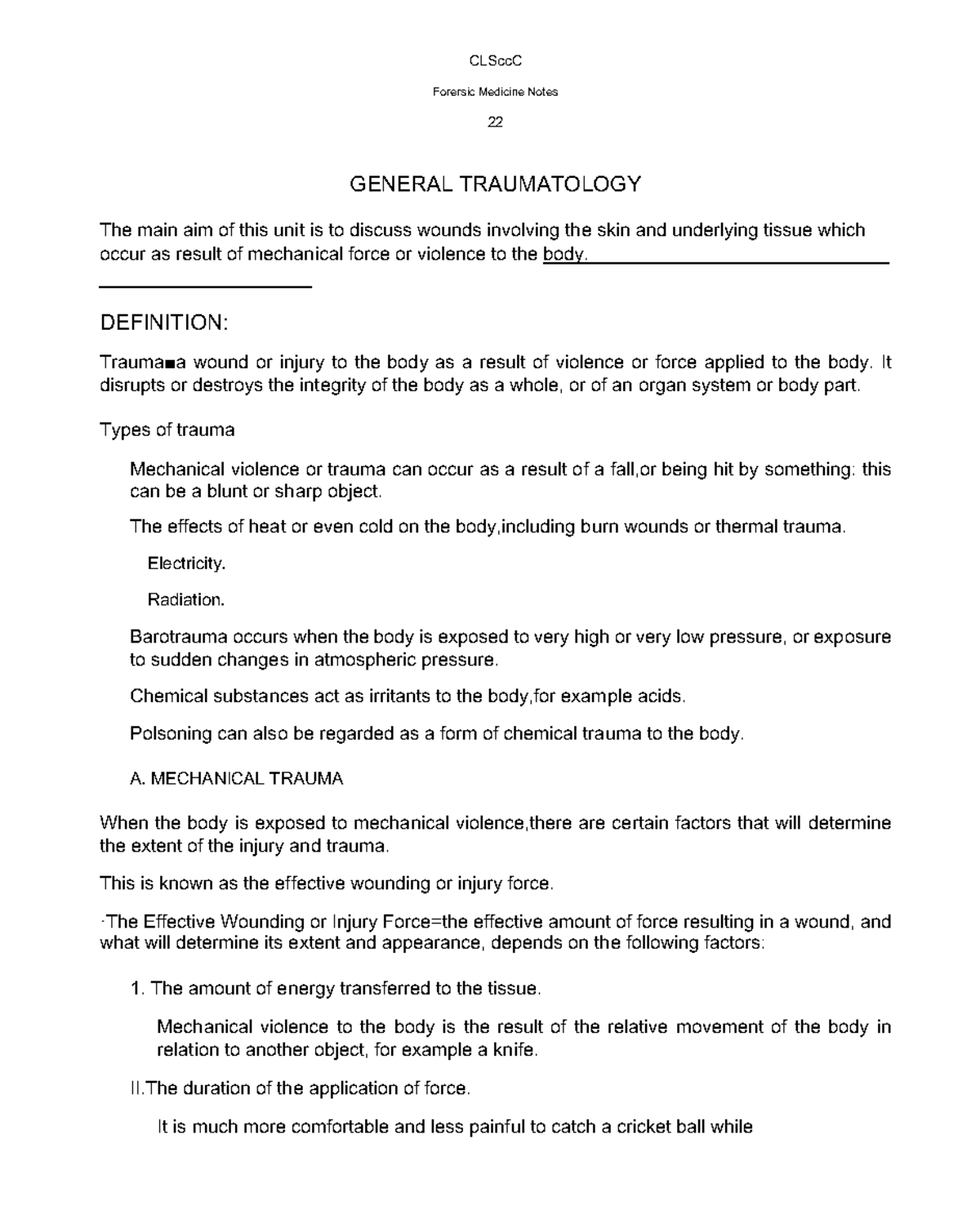 Forensic Medicine Notes on Traumatology - CLSccC Final Exam Guide - Studocu