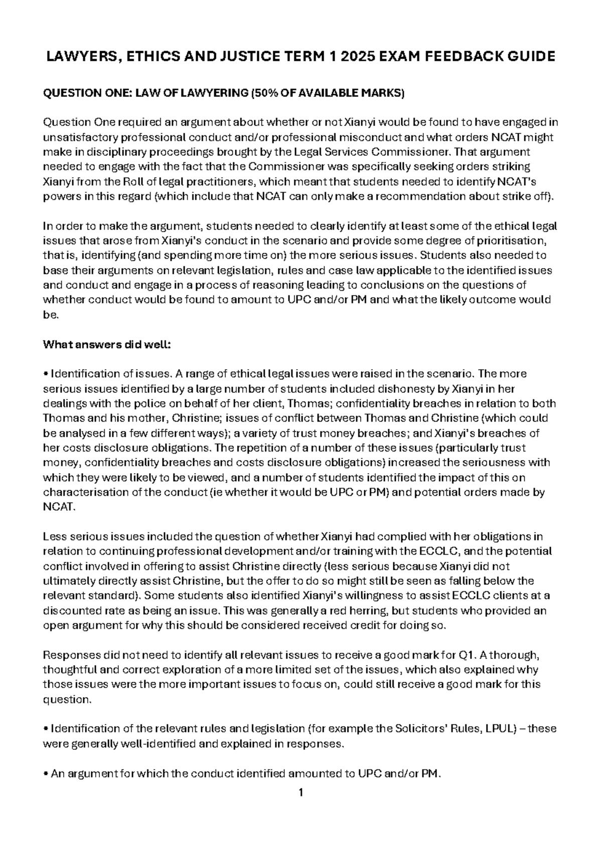 LEJ 2025 Term 1 Exam Feedback: Lawyers, Ethics & Justice Analysis - Studocu