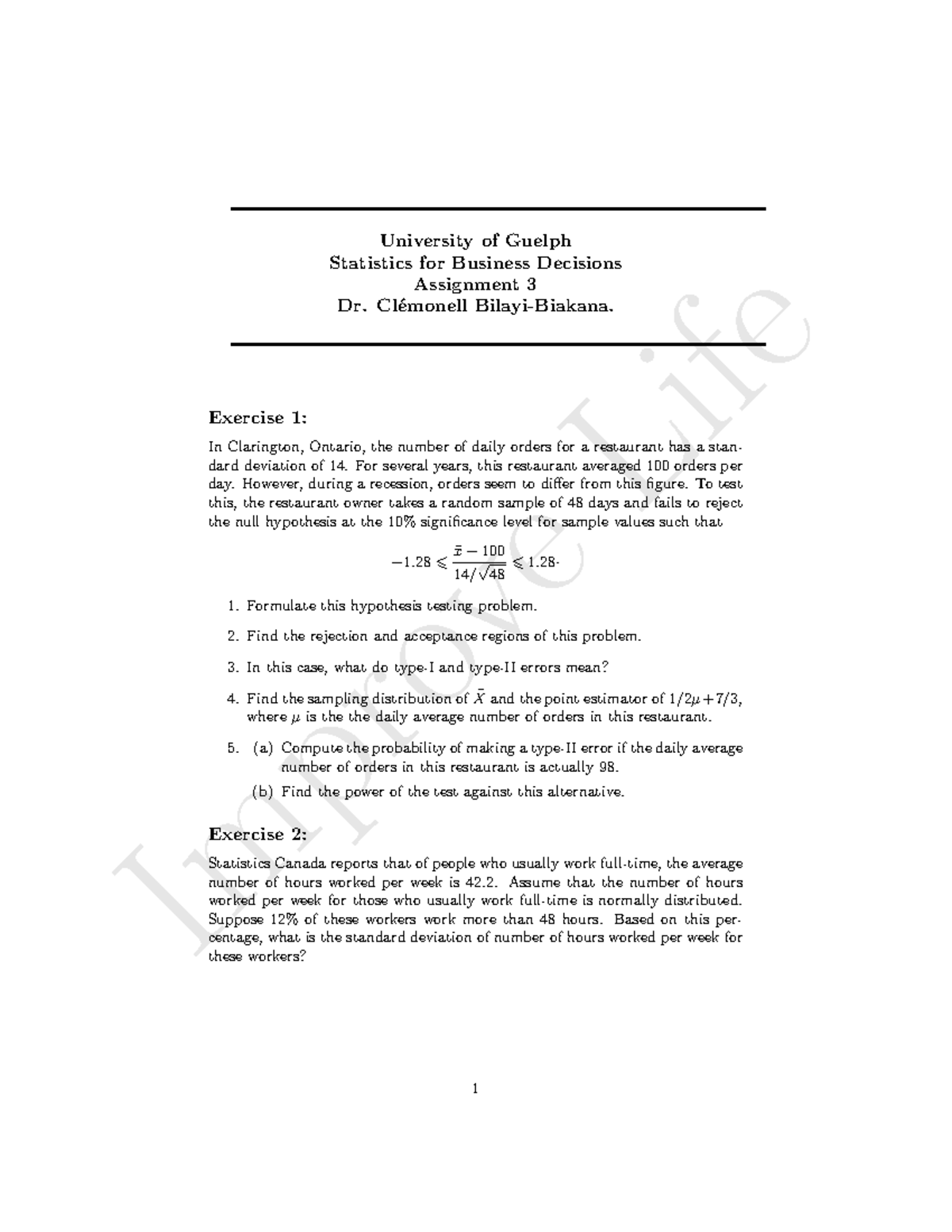 Statistics for Business Decisions (BUS 1234) Assignment 3 Analysis ...
