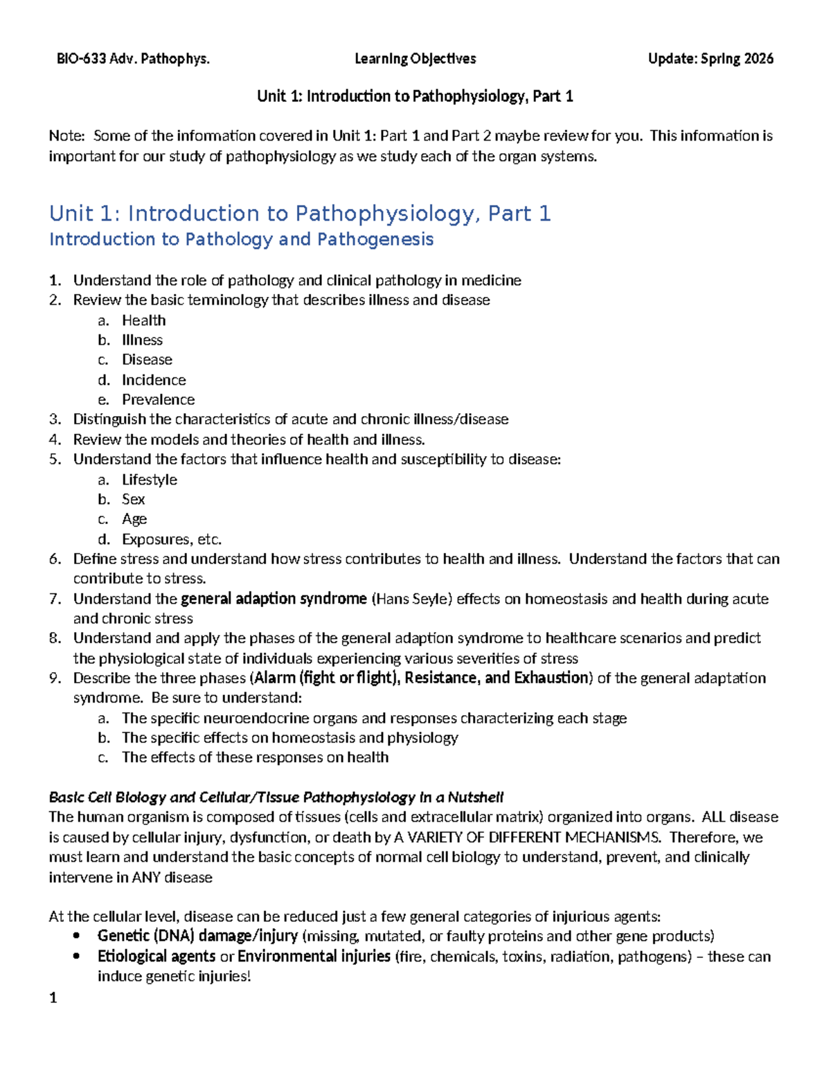 Adv. Pathophys. Unit 1.1 Lecture Notes: Intro to Pathophysiology - Studocu