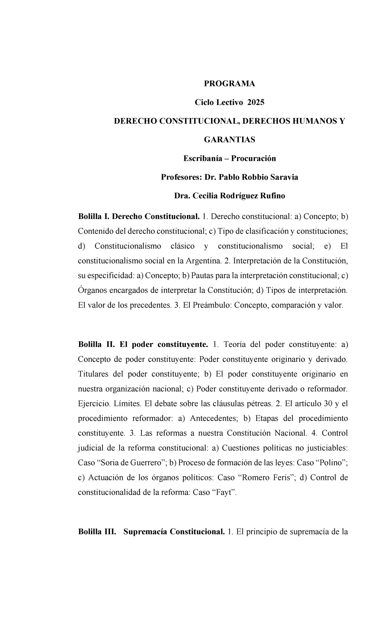 Programa de Derecho Constitucional y DDHH - Ciclo Lectivo 2025 - Studocu