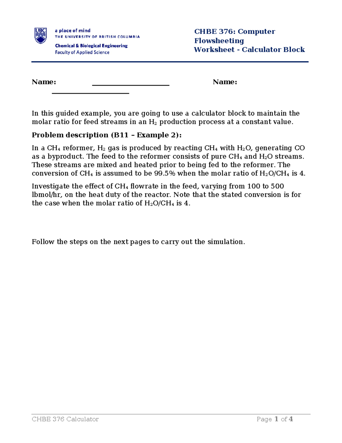 CHBE 376: H2 Production Process Calculator Block Example W15 - Studocu