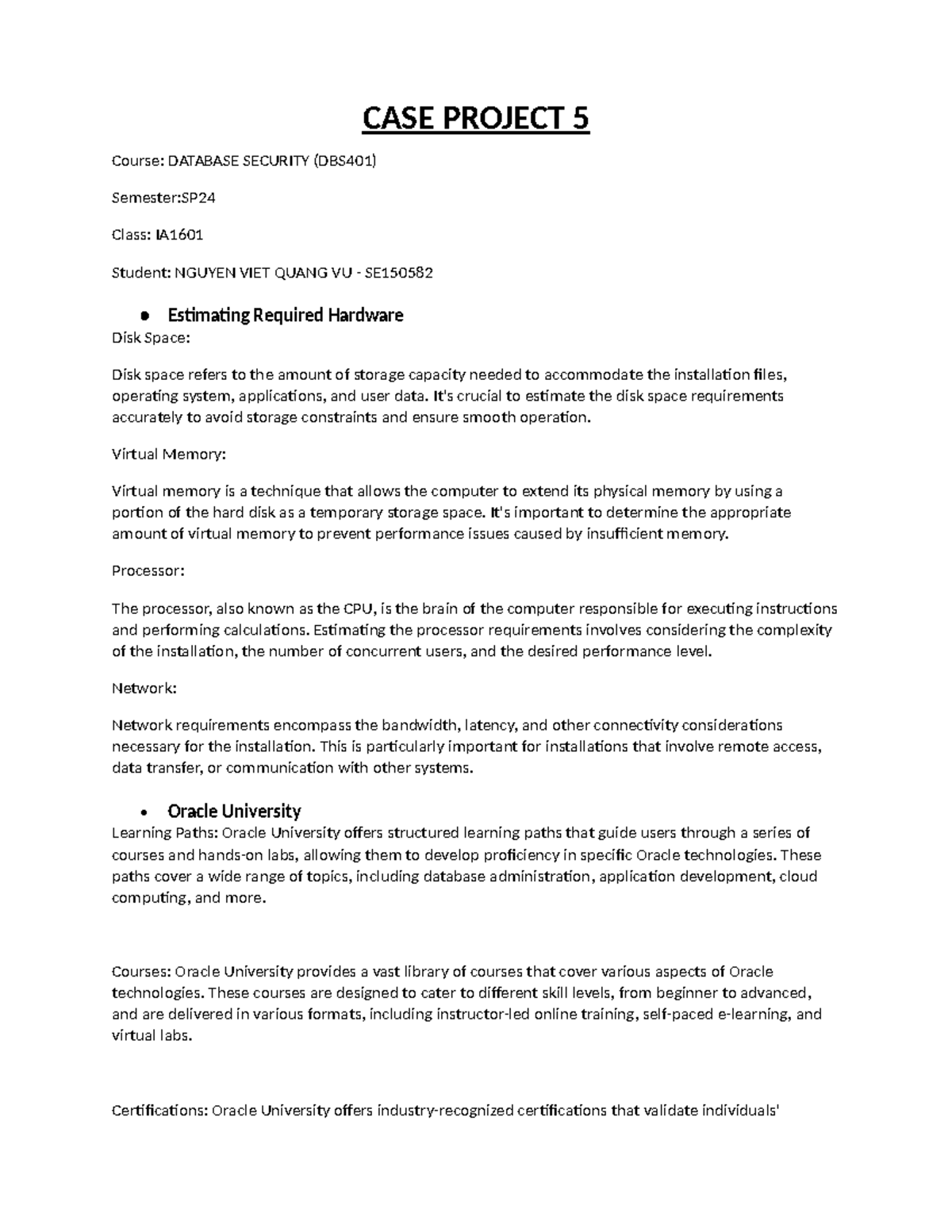 Casestudy 5- Nguyen VIET Quang VU-SE150582 - CASE PROJECT 5 Course ...