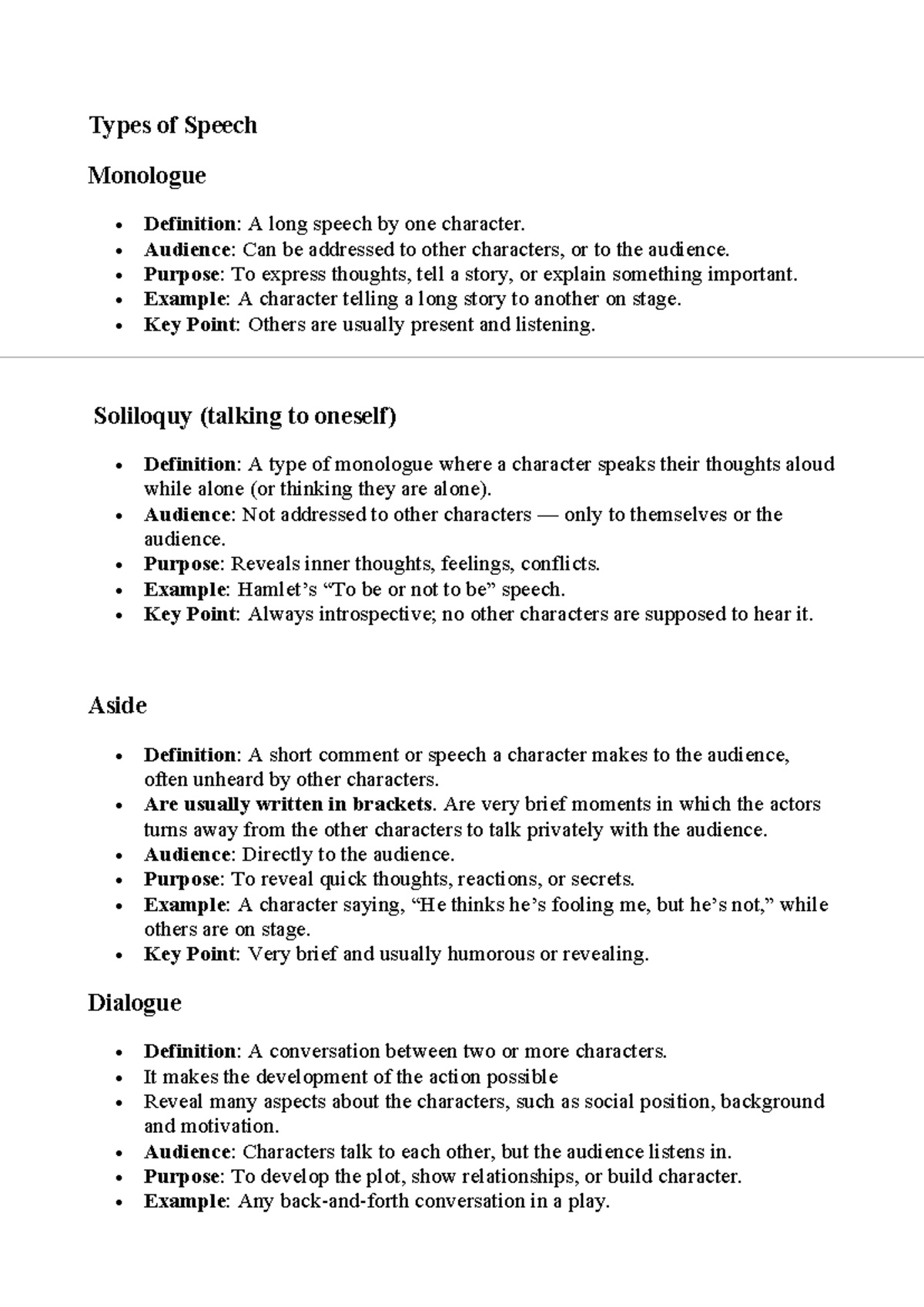 Types of Speech in Drama: Monologue, Soliloquy, and Dialogue - Studocu
