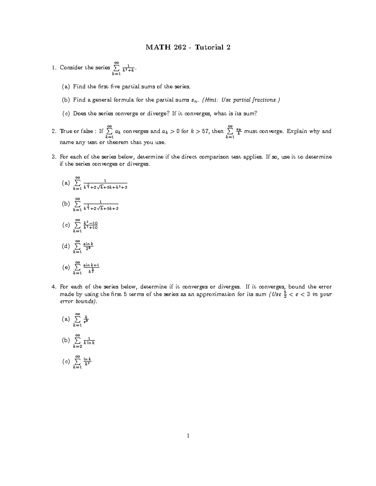 MATH 262 Tutorial 2: Series Convergence and Partial Sums Analysis - Studocu