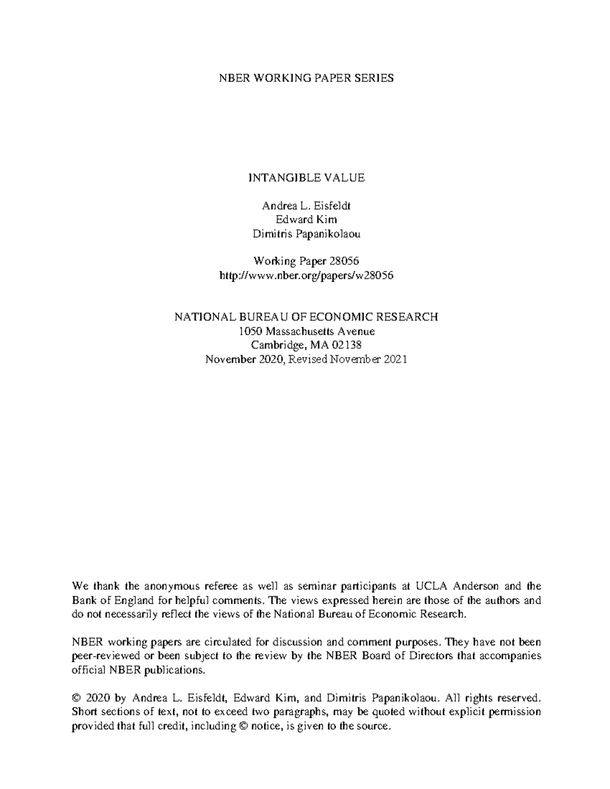 NBER Working Paper 28056: Enhancing Firm Value with Intangibles - Studocu