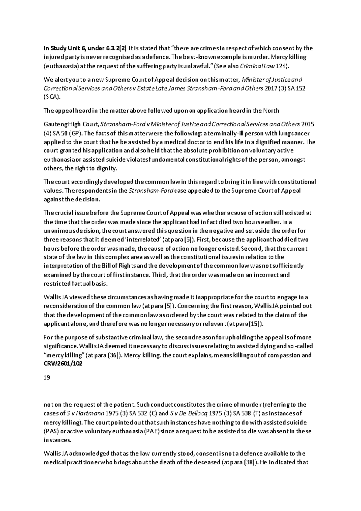 Study Guide: CRW2601 Criminal Law Concepts and Recent Cases Analysis ...