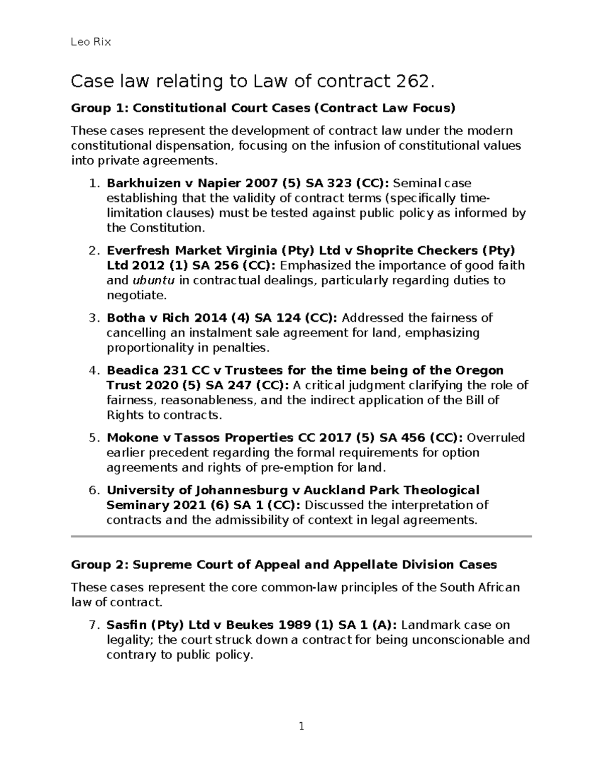 Leo Rix Case Law on Contract Law 262: Key Constitutional & SCA Cases ...