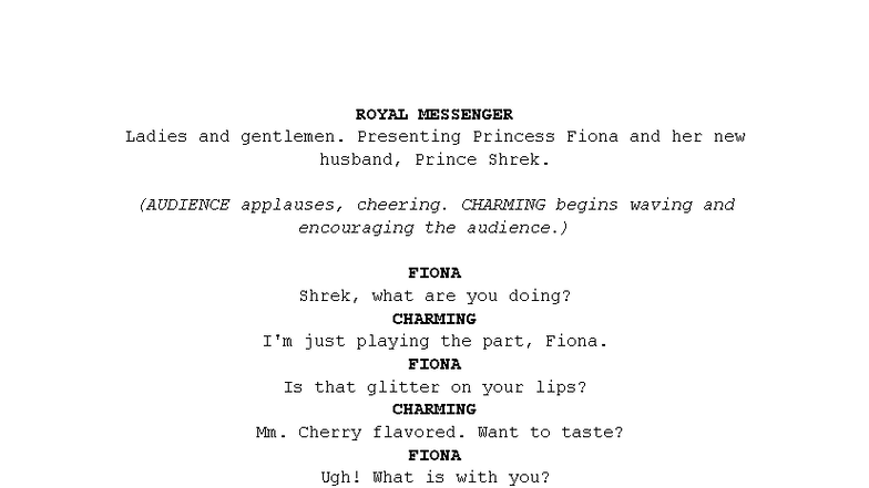 Shrek: Teatro Script - Princess Fiona & Prince Shrek Scene - Studocu