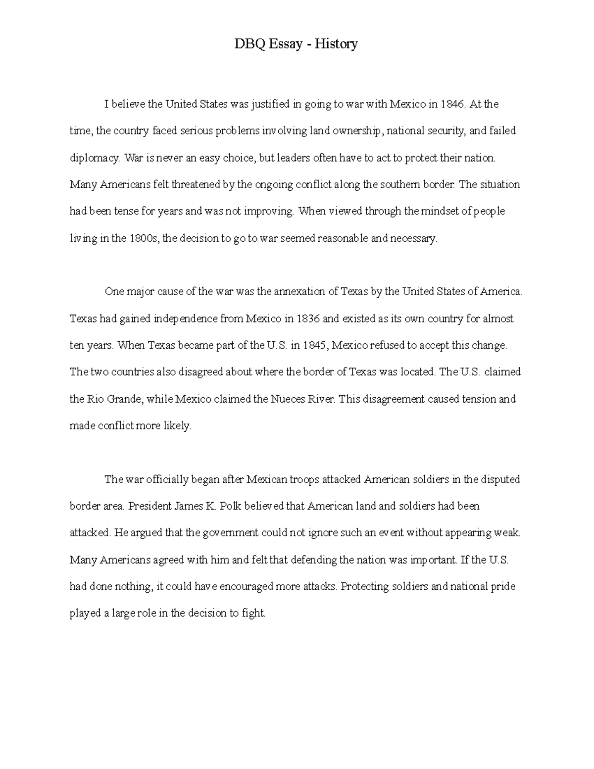 DBQ Essay: Justification of the U.S. War with Mexico (HIST 101) - Studocu