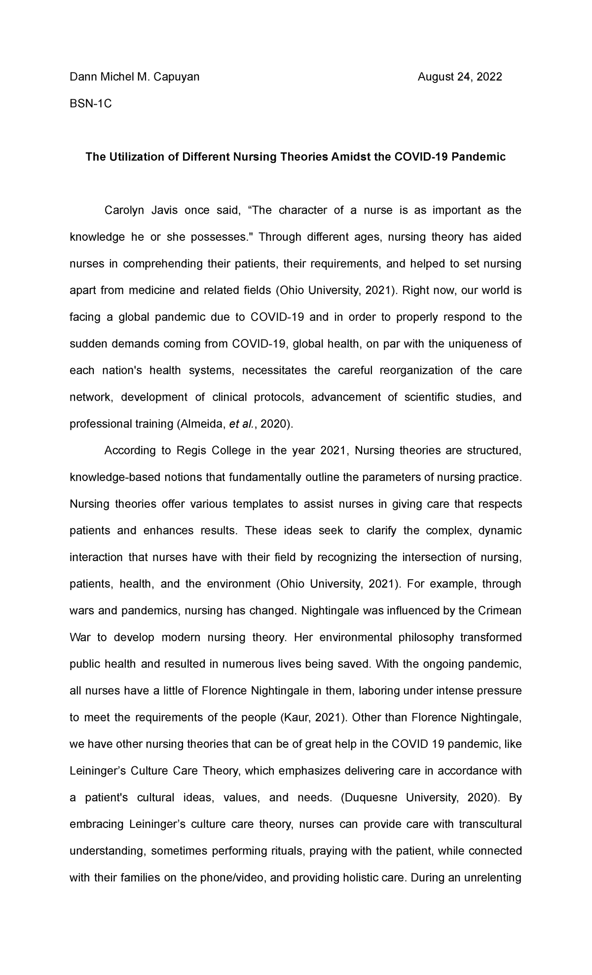 The Utilization of Different Nursing Theories Amidst the Covid 19 ...