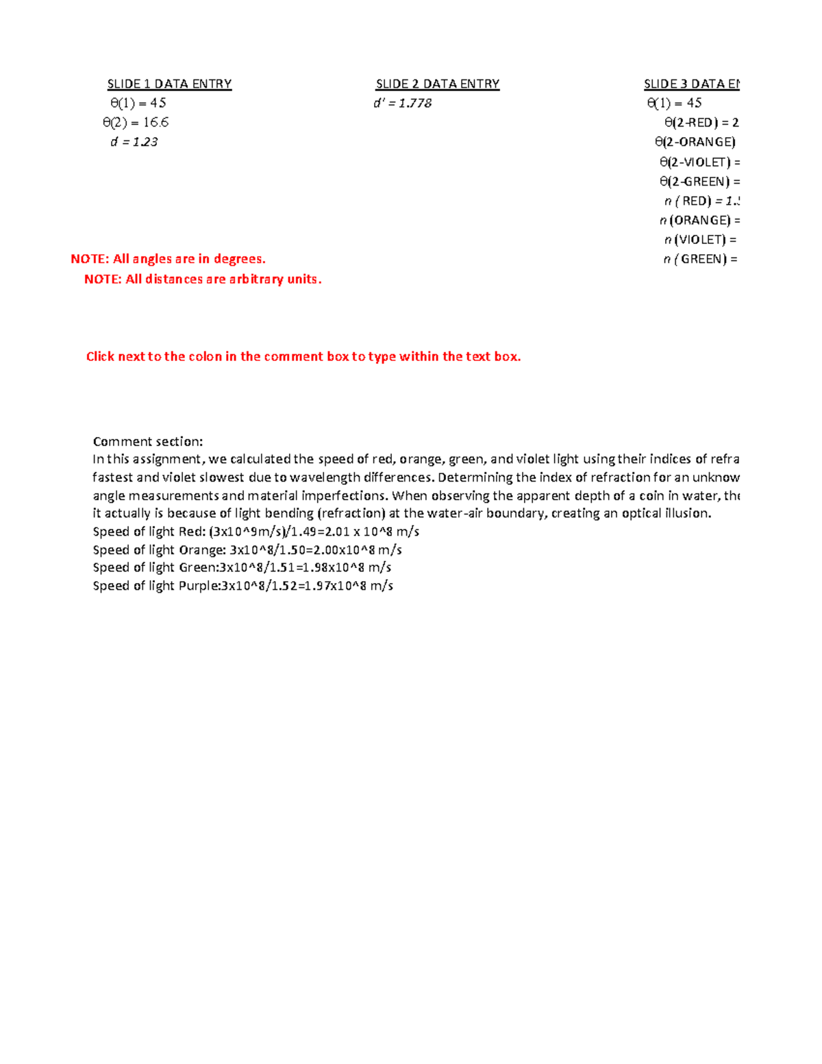 Refraction Analysis - SLIDE 1 to 3 Data Entry (Course Code: d 1.23 ...