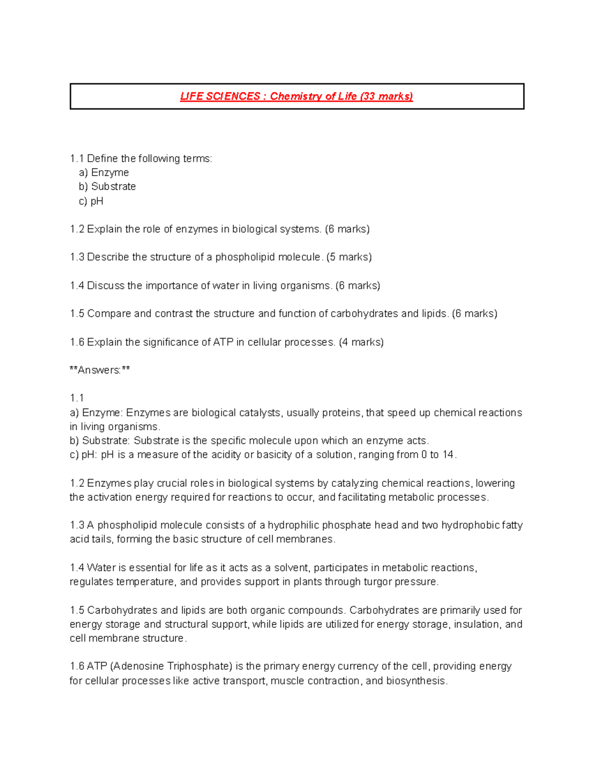 LIF SCI 101: Chemistry of Life Study Notes & Key Concepts - Studocu