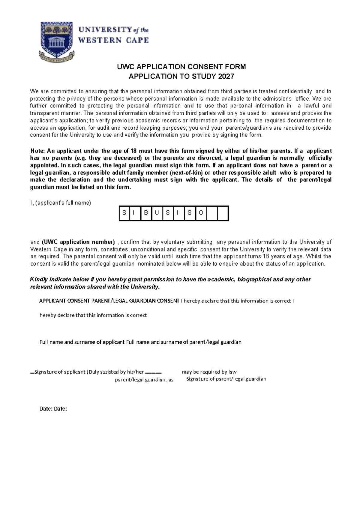 UWC APPLICATION CONSENT FORM FOR STUDY 2027 - Studocu