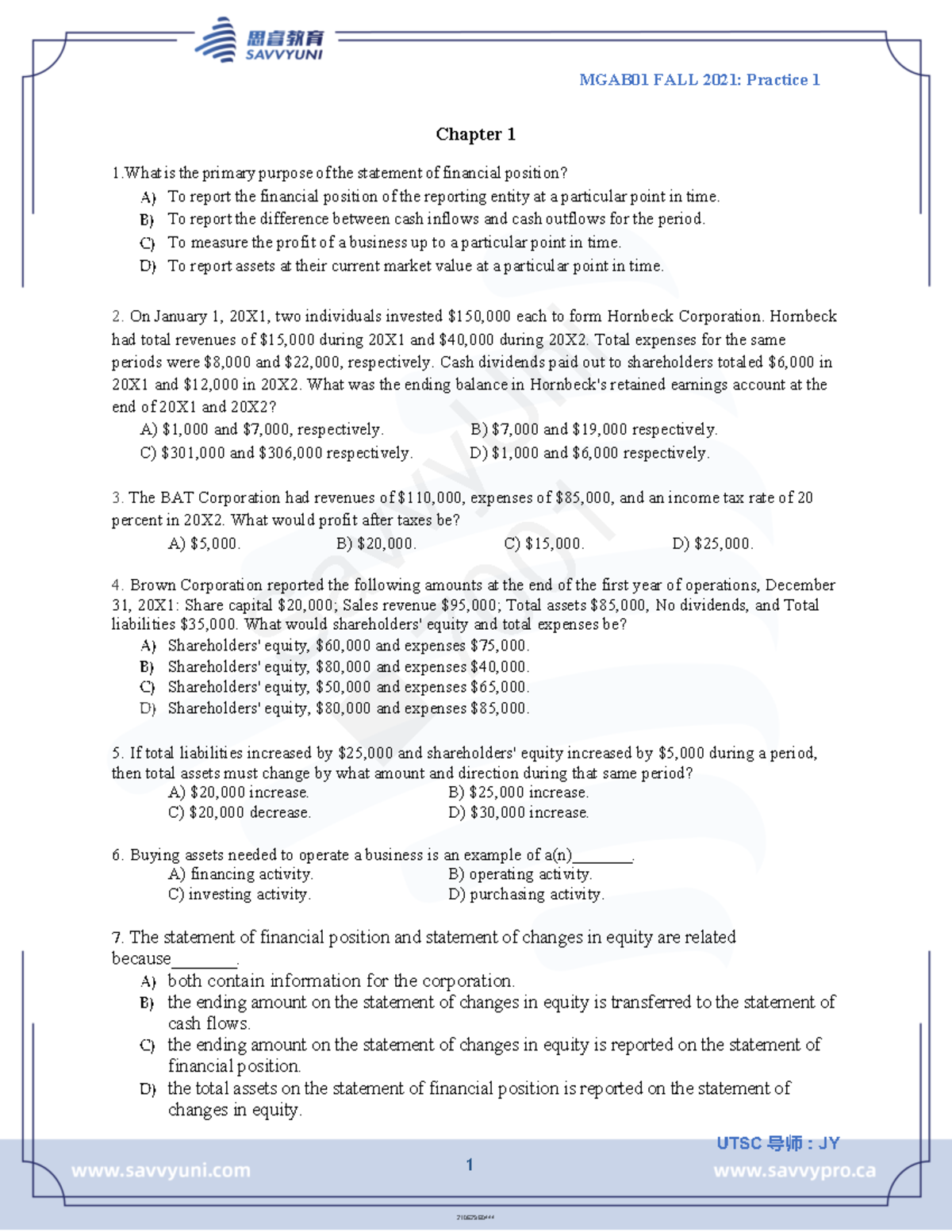 MGAB01 Practice 1 2 3 and notes - UTSC 导师：JY 1 Chapter 1 1 is the ...