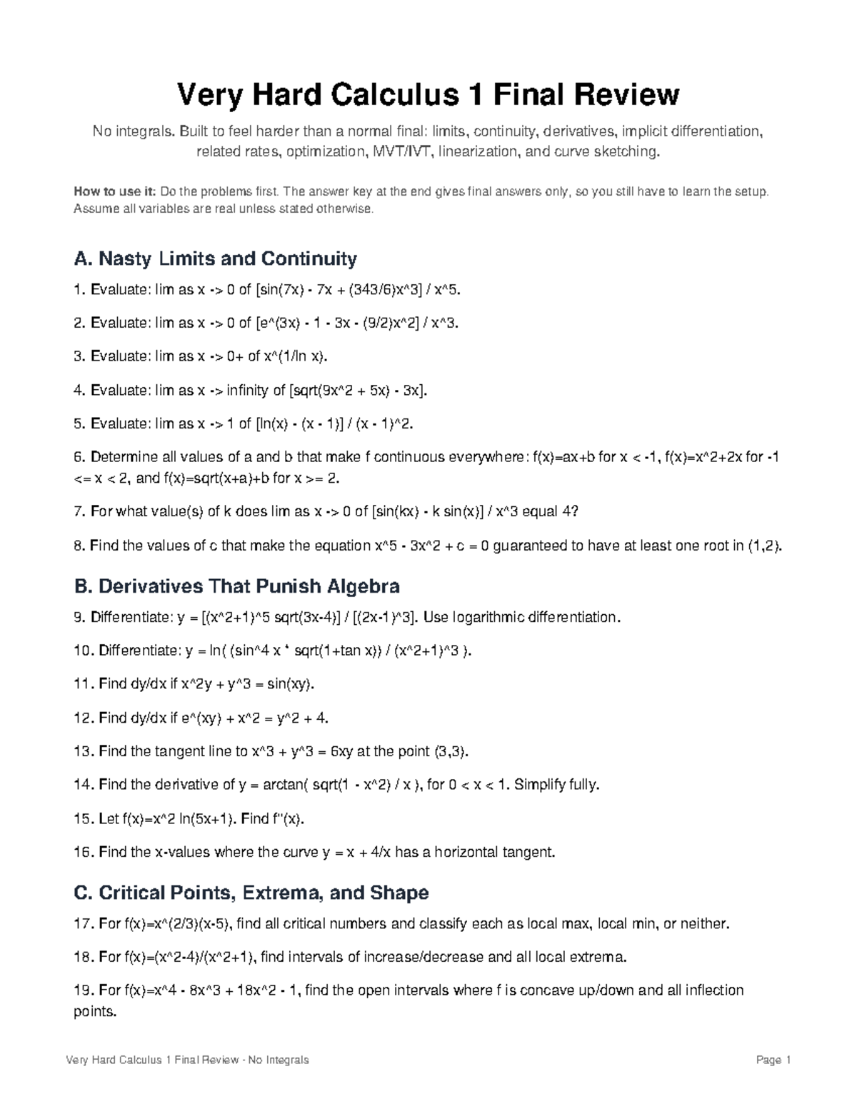 Calculus 1 (MATH101) Final Review: Limits, Derivatives & More - Studocu
