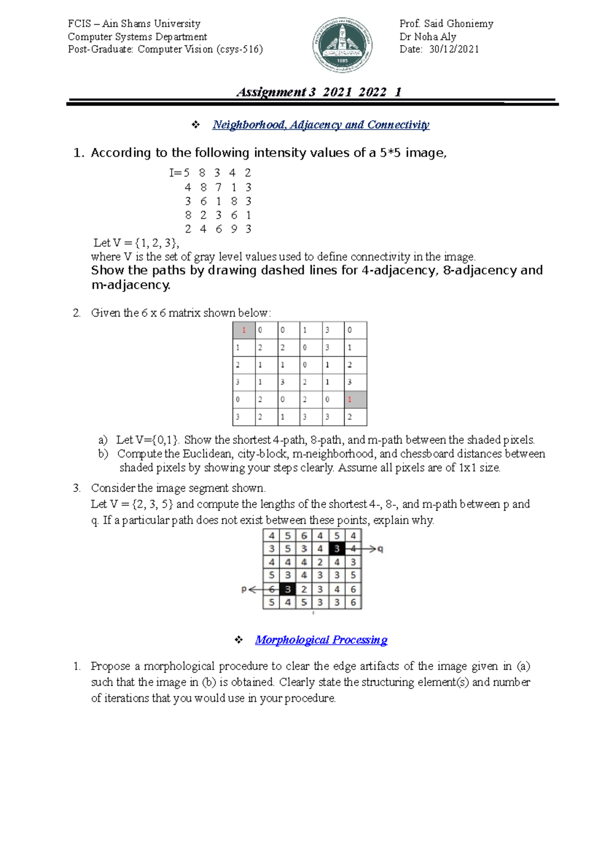 CSYS-516: Assignment 3 on Neighborhood and Morphological Processing ...