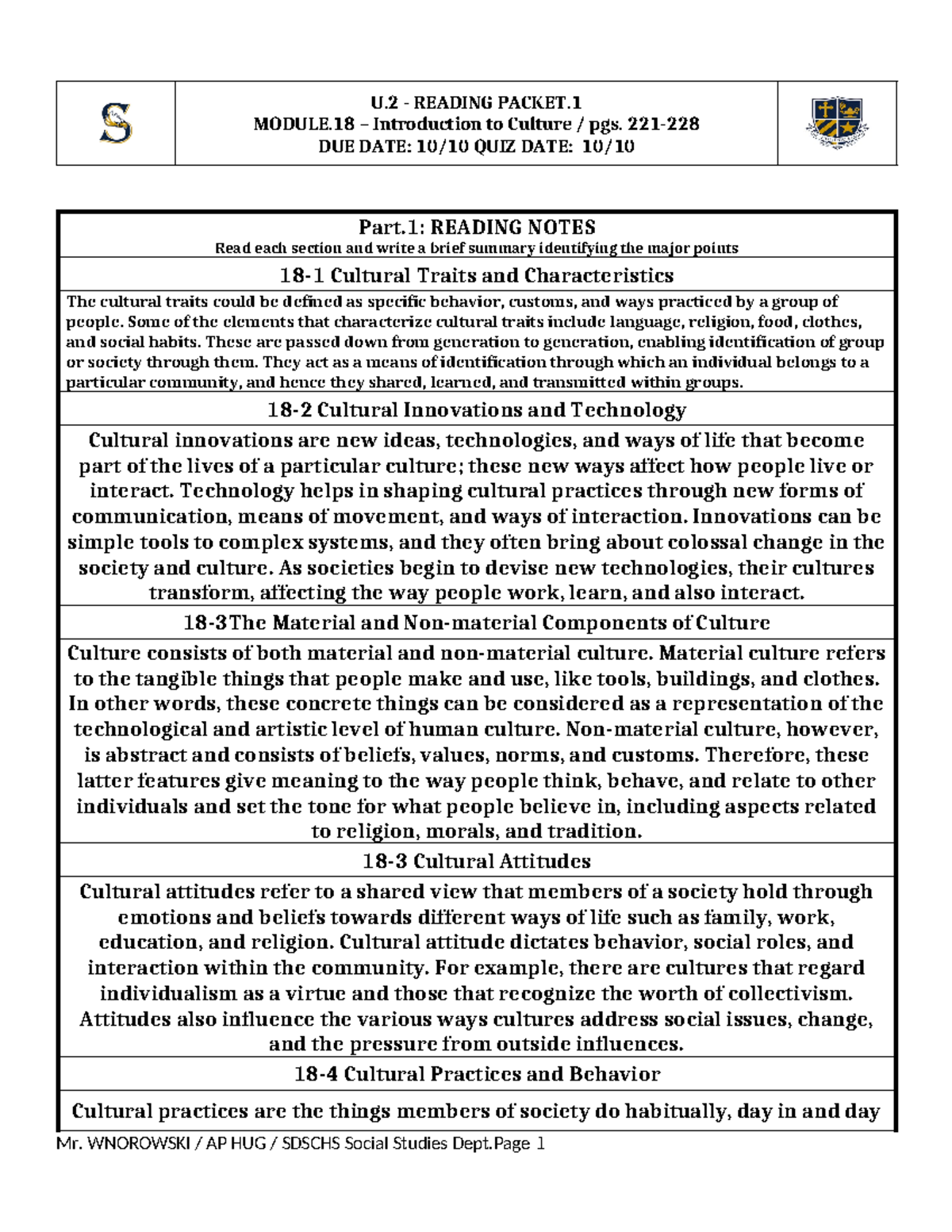 U.2 Homework: Reading Notes on Cultural Traits & Innovations - Studocu