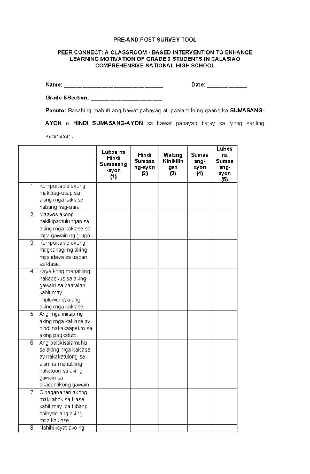 Peer Connect Survey Tool: Enhancing Grade 9 Learning Motivation - Studocu