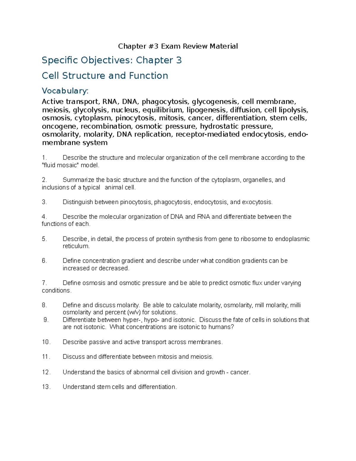 Chapter 3 Exam Review: Cell Structure & Function (BIO101) Study Guide ...