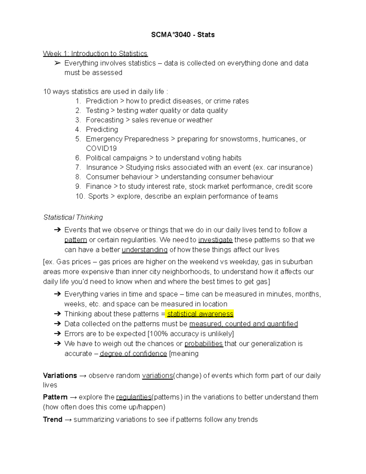 SCMA 3040 - Introduction to Statistics Notes & Data Analysis Methods ...