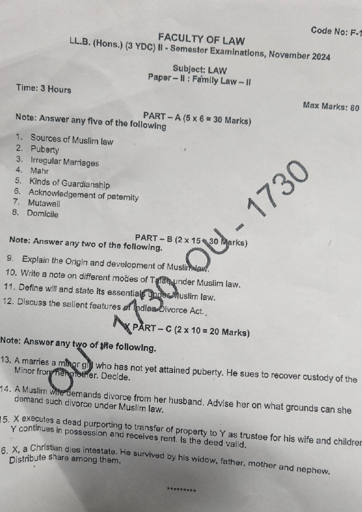 LLB 3 YDC II Sem 2024 Family Law II Question Paper & Solutions - Studocu