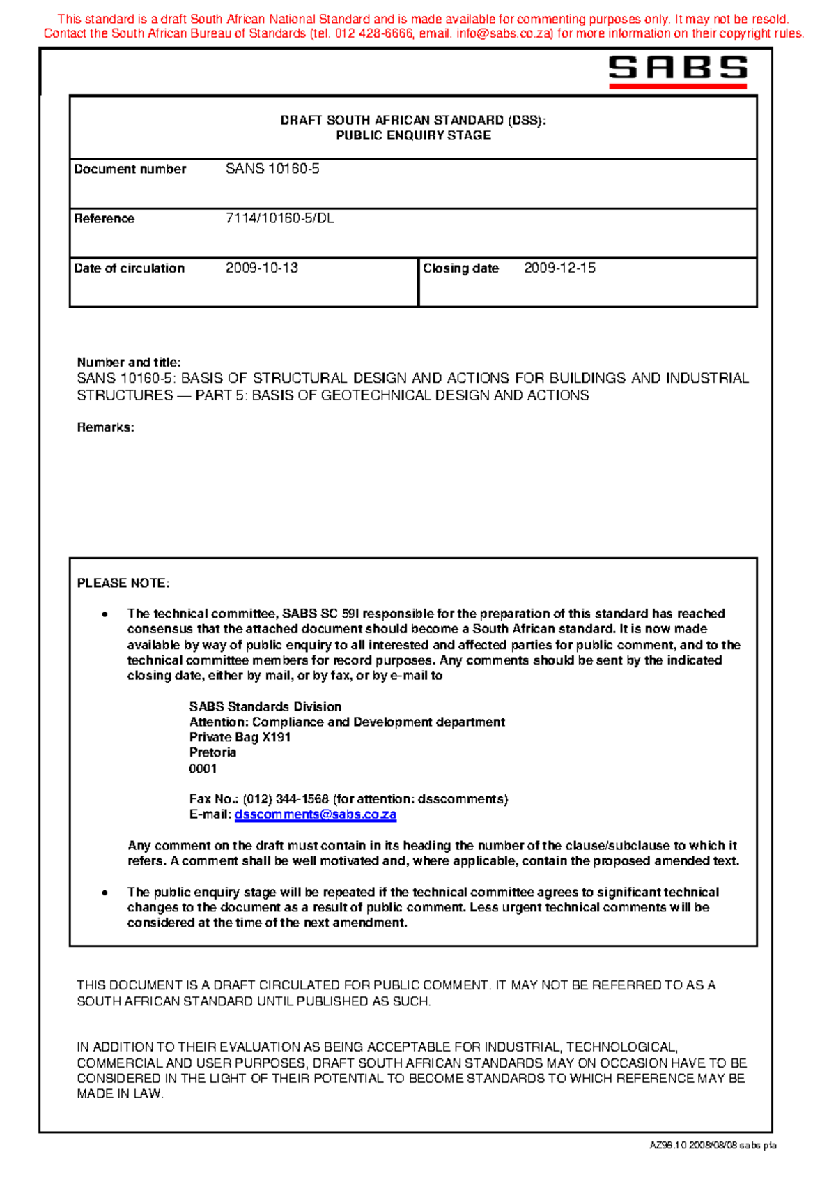 SANS 10160-5: Draft Standard for Geotechnical Design and Actions - Studocu