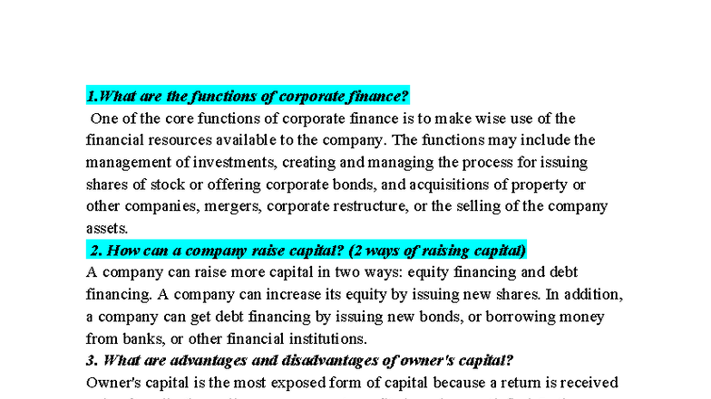 TACN2 - Functions and Capital Management in Corporate Finance - Studocu