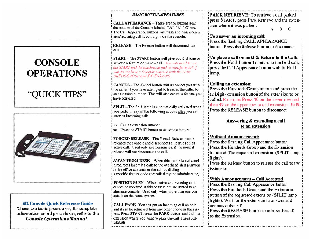 302 Console Operations Quick Reference Guide - Studocu