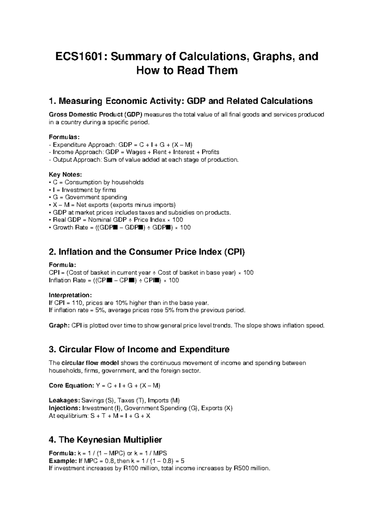 ECS1601: Summary of Economic Activity Calculations and Graphs - Studocu