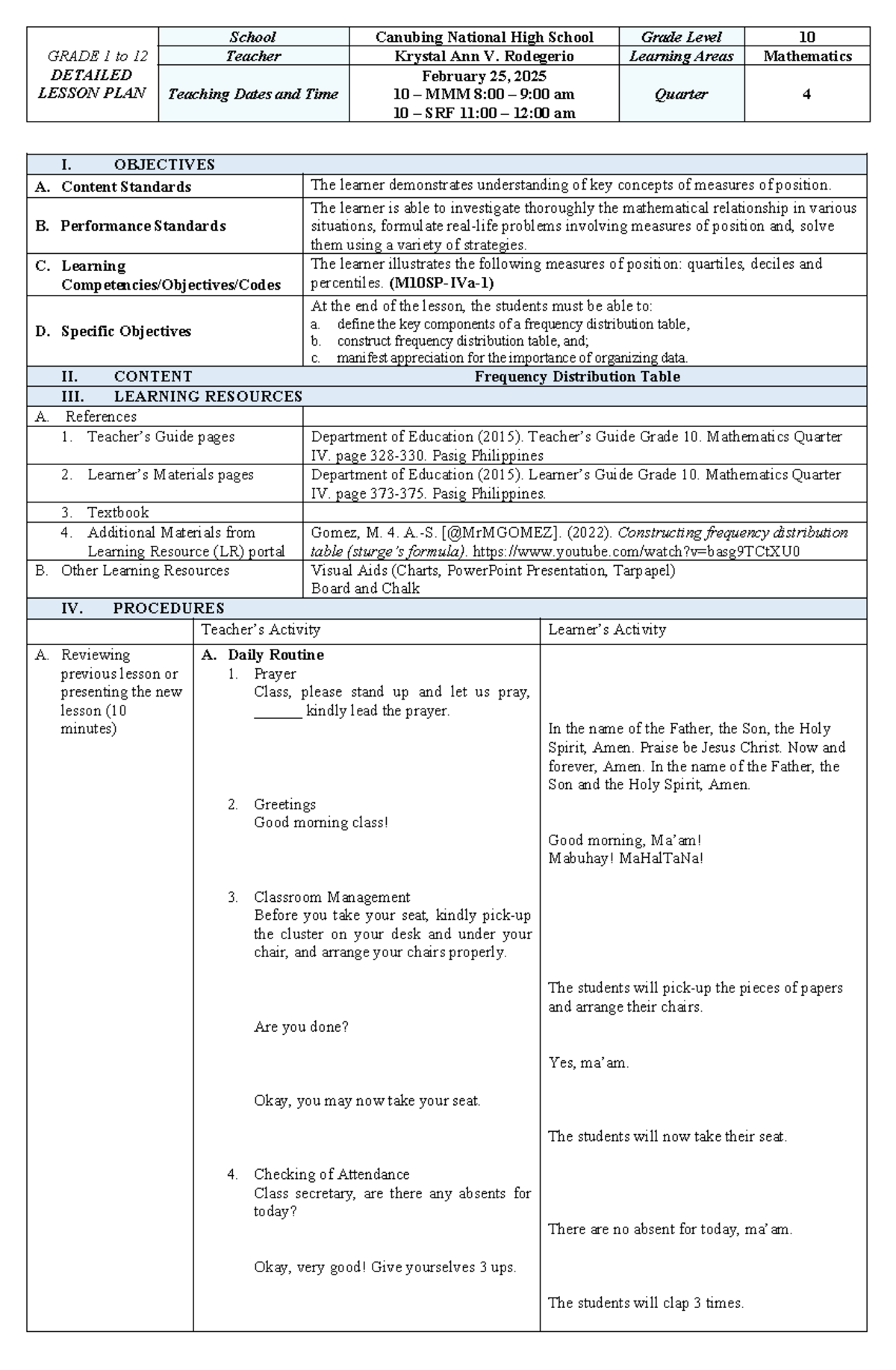 GRADE 10 MATHEMATICS QUARTER 4 LESSON PLAN: FREQUENCY DISTRIBUTION ...