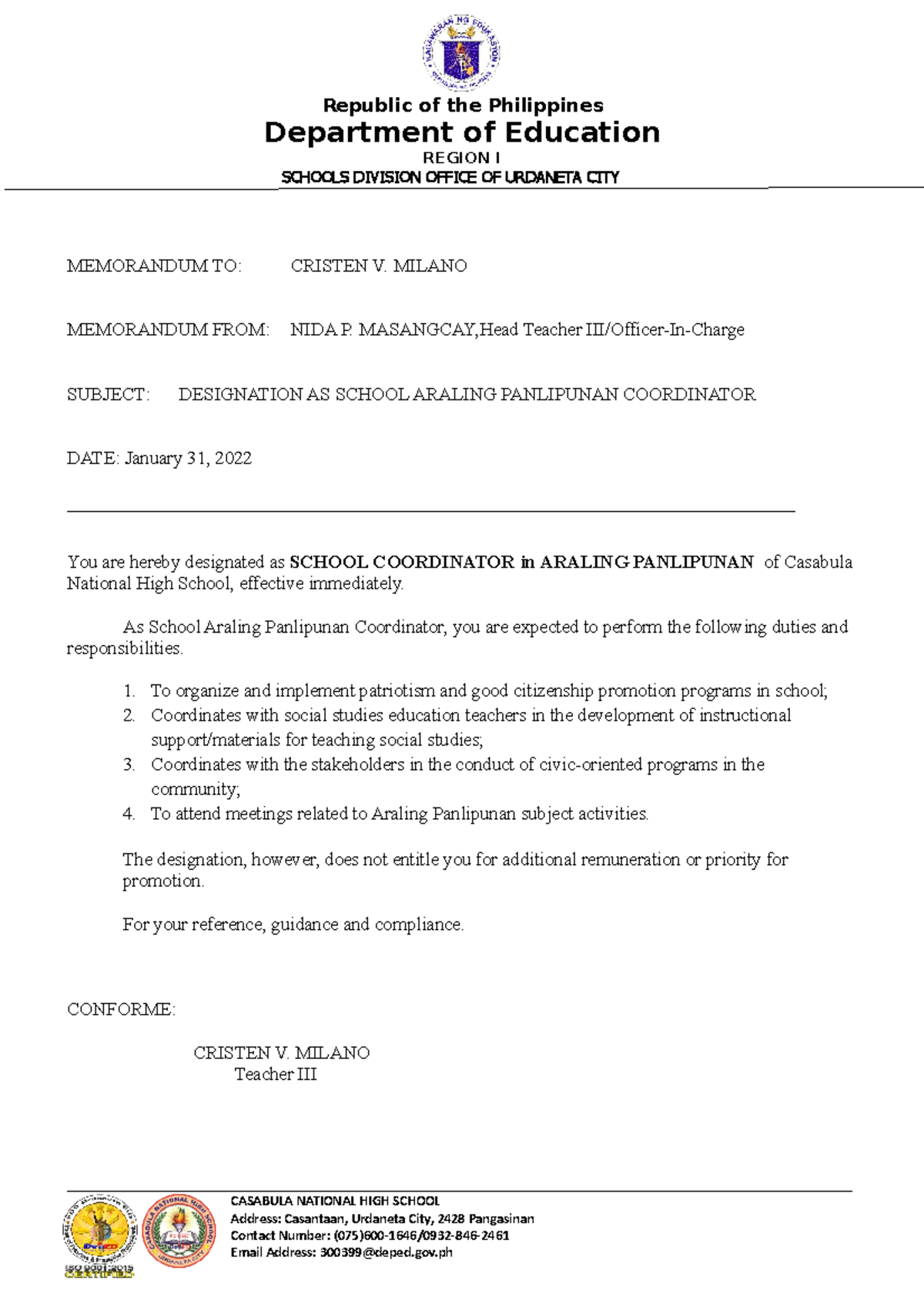 AP Designation as Araling Panlipunan Coordinator - Memo - Studocu