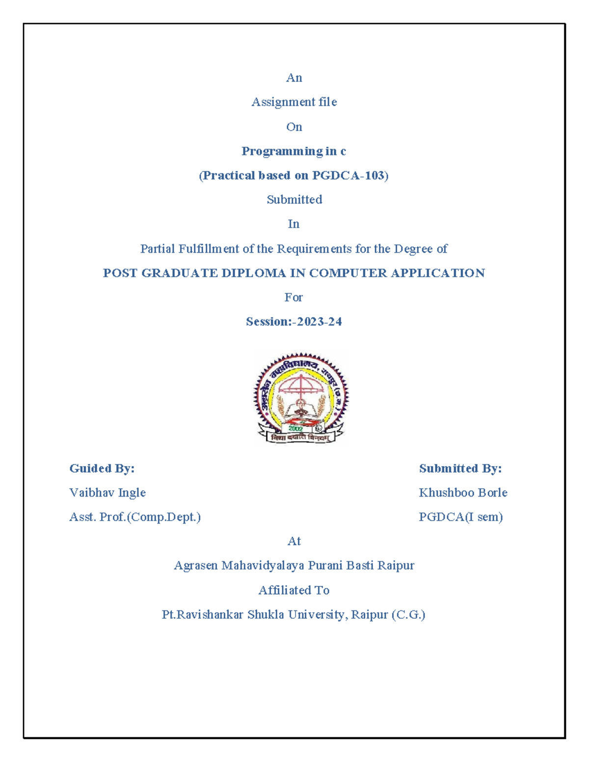 C Programming Practical Assignment PGDCA-103: Solution Guide - Studocu