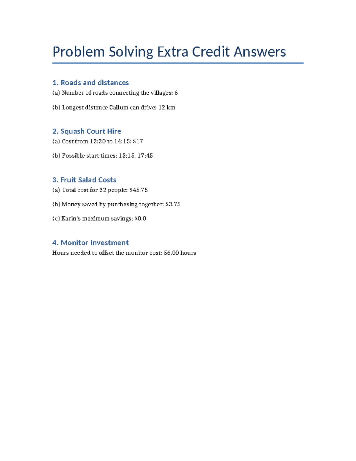 Problem Solving Answers - Problem Solving Extra Credit Answers 1. Roads ...